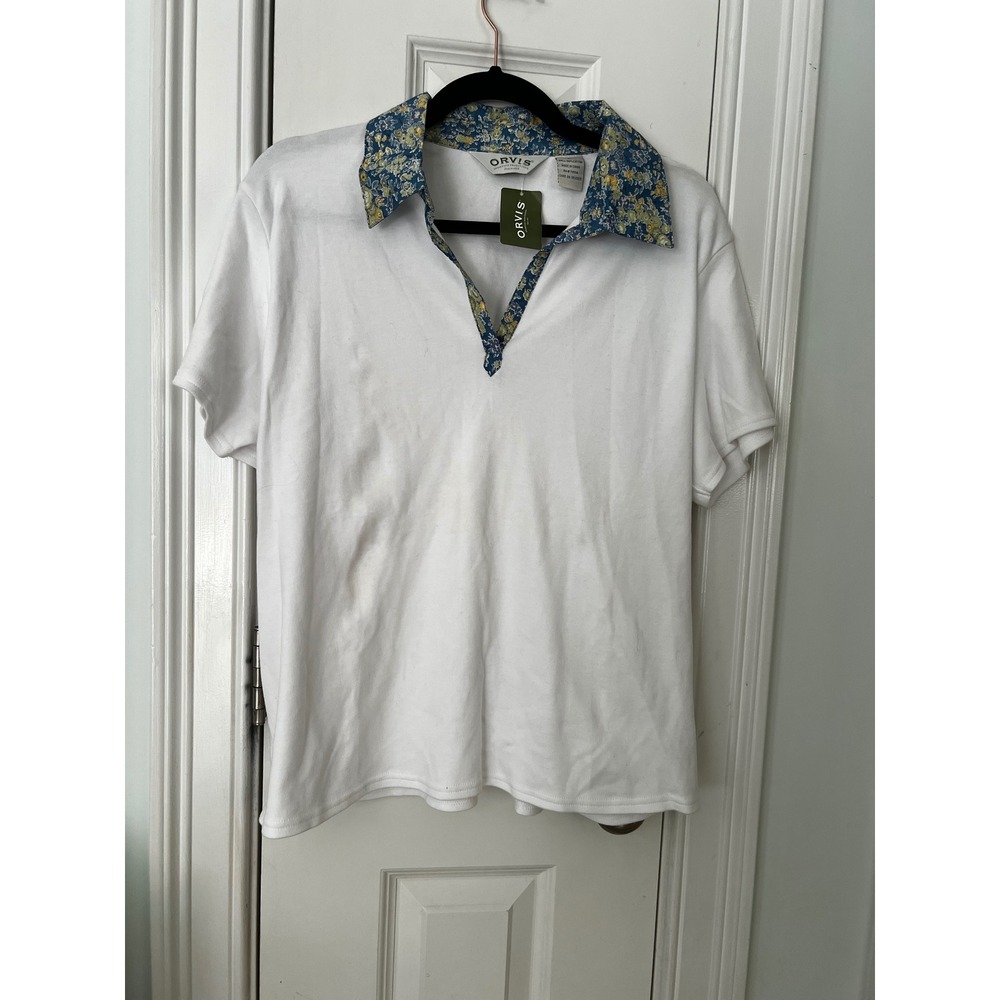 Orvis Womens White Cotton Short Sleeve Polo Shirt‎ Floral Contrast Collar Large